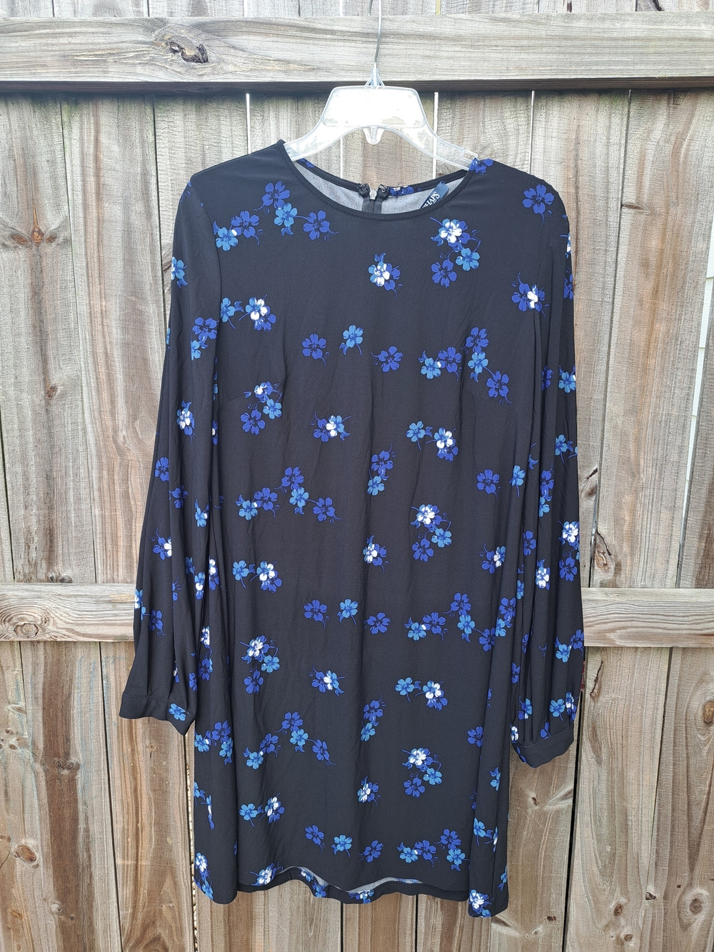 Chaps Black Long-Sleeve Shift Dress with Blue Floral Print